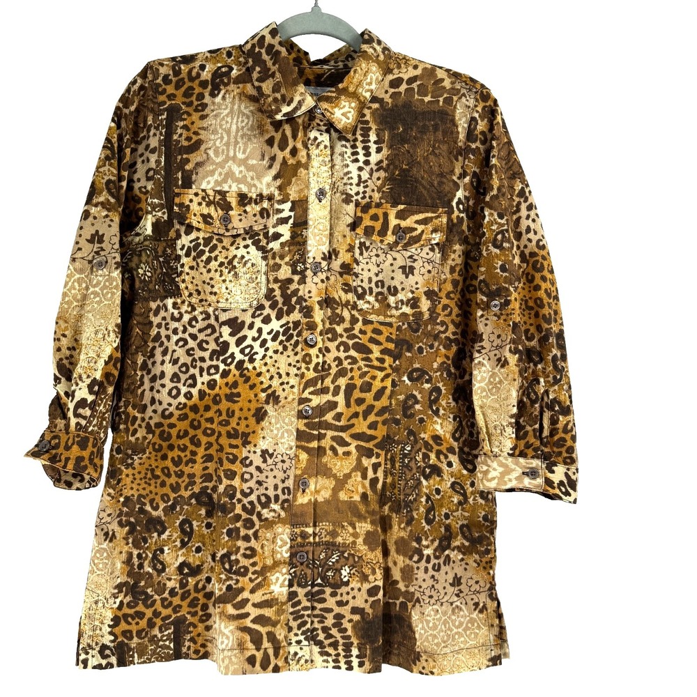 Caribbean Joe Leopard Print Button-Up Shirt Women's Medium Brown Patchwork Top